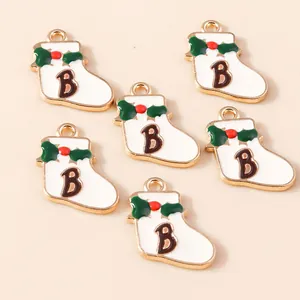 Set of 6 Christmas stocking enamel pendants with letter B for DIY jewelry making