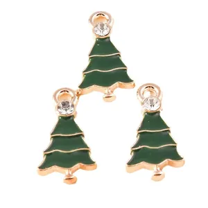 Three-piece green enamel Christmas tree alloy pendants with sparkling top rhinestones