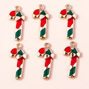 Alloy Christmas Candy Cane Pendants With Bow Enamel Festive DIY Jewelry Making Charms Red Green Gold Decorative Accessories