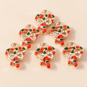 Christmas candy cane alloy pendants with gold bows and enamel finish for jewelry making