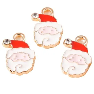 Golden Santa Claus enamel pendants with white rhinestones for DIY festive jewelry making