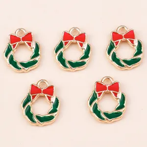 5Pcs Christmas wreath alloy charms with green enamel and red bow for DIY jewelry making