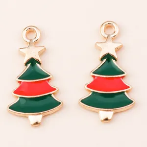 Golden alloy Christmas tree pendants with red and green enamel for DIY jewelry making