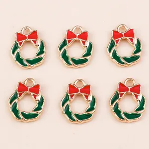 Christmas Wreath Alloy Enamel Charms Red Bow Green Holly DIY Pendants For Bracelet Necklace Jewelry Making Findings Craft