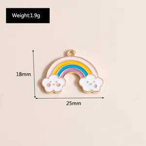 Rainbow charm with smiley clouds showing dimensions 25x18mm and 1.9g weight details