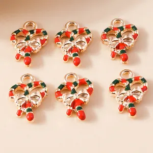 Set of 6 Christmas candy cane alloy pendants with red green enamel and gold bows