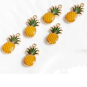Enamel pineapple alloy charms with gold plating and green leaves for DIY jewelry making