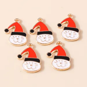 5pcs Christmas cat charms with red Santa hats made of gold alloy and enamel for DIY jewelry
