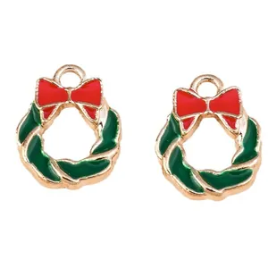 Christmas alloy wreath pendants with red bow and green enamel for DIY jewelry making