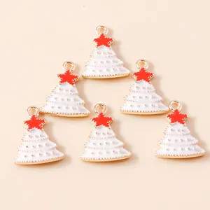 Set of six white enamel Christmas tree charms with gold dots and red star for DIY jewelry