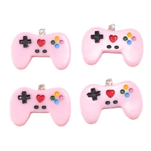 Pink game controller resin pendants with colorful buttons and silver metal rings