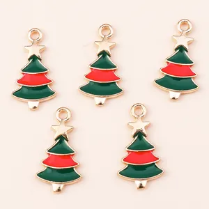 Golden alloy Christmas tree pendants with green and red enamel for DIY jewelry making