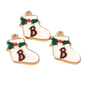 Set of 3 Christmas stocking alloy charms with white enamel and golden letter B pendant
