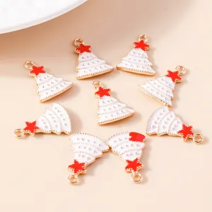 Set of 9 white Christmas tree alloy enamel charms with red stars and gold metal edges