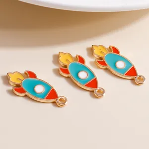 Cartoon light blue rocket enamel pendants with golden alloy edges for DIY jewelry making