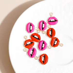 Lip shaped enamel alloy charms for DIY jewelry making in red and pink colors