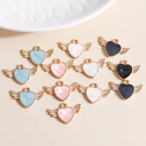 Winged heart charms in alloy with oil-drop marble texture for DIY jewelry making
