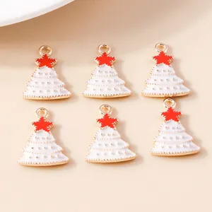 White Christmas tree alloy pendants with red star and gold dots for DIY jewelry making