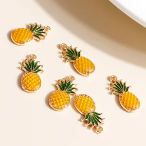 DIY pineapple enamel alloy charms with green leaves and gold finish for jewelry making