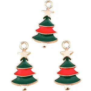 Three green and red enamel Christmas tree alloy pendants with gold star for jewelry making