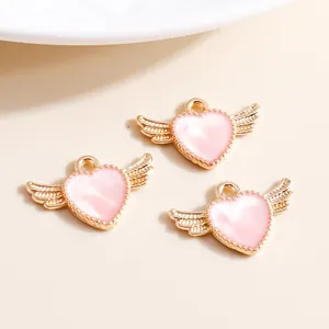Pink heart angel wing pendants with gold enamel for DIY necklace jewelry making 10pcs pack