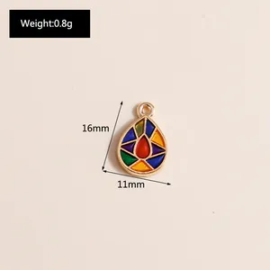 Detail view of colorful water drop alloy pendant showing 16x11mm dimensions and 0.8g weight