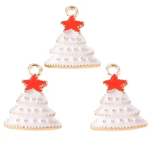 Set of three white enamel Christmas tree charms with red star and golden metal finish
