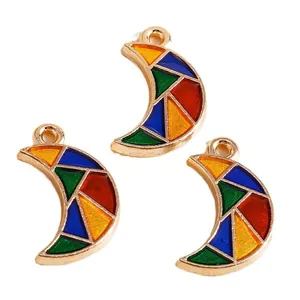 Colorful mosaic crescent moon alloy pendants with gold plating for DIY jewelry making
