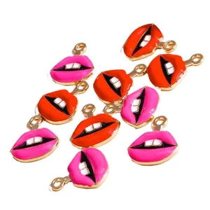 Set of 10 enamel red and pink lip charms for DIY necklaces and earring jewelry