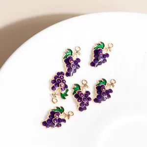 Set of purple grape enamel charms with green leaves and metal loops for DIY jewelry making