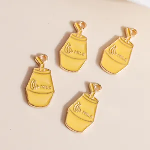 Cute yellow banana milk bottle alloy enamel charms with gold edges and hanging rings