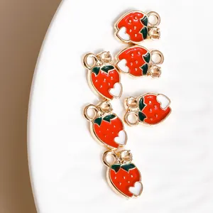 5pcs realistic strawberry alloy charms with red drip oil and zircon for DIY jewelry