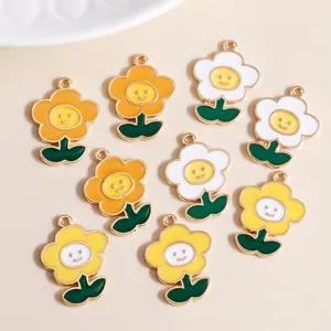 Alloy Enamel Smiley Face Flower Charms For DIY Jewelry Making Pendants Necklace Bracelet Craft Accessories Colorful Floral Pendants Women Jewelry Making Parts
