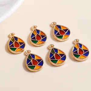 Set of 6 colorful gothic geometric water drop enamel pendants with gold alloy frame