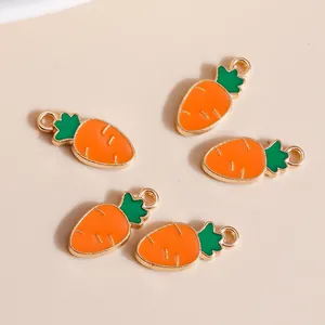 5-piece set of mini carrot enamel charms with orange body and gold-plated metal loops