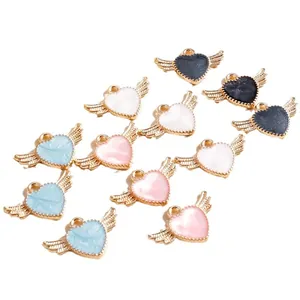 Colorful alloy wing heart charms in gold finish for DIY necklace jewelry making