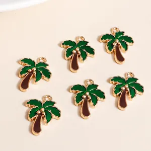 Detailed macro view of 6 enamel palm tree charms for DIY necklace and jewelry making