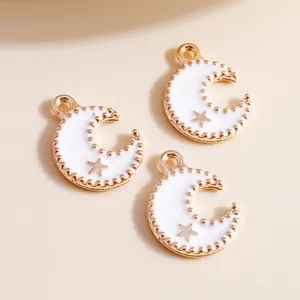 Golden crescent moon pendant with white enamel and star, alloy DIY jewelry accessories