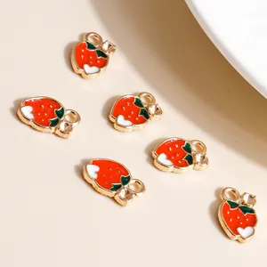 Set of 6 strawberry enamel alloy charms with heart details and rhinestones for DIY jewelry