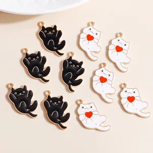 Cute cartoon black and white enamel cat charms with red heart for DIY jewelry making