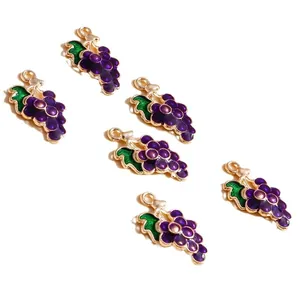 Set of six purple grape charms made of alloy with green leaves for DIY jewelry making