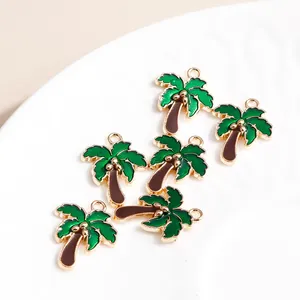 DIY jewelry coconut palm tree alloy pendants with green oil drip and gold finish
