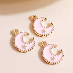 Pink enamel crescent moon pendants with gold star accents for DIY jewelry making