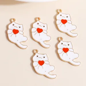 Five cute white cat alloy pendants with red hearts and gold edges for DIY jewelry making