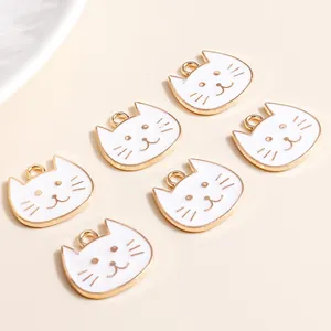 Set of 6 cute cat-shaped alloy enamel pendants in white and gold for DIY keychains