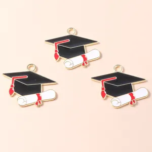 Three gold-plated graduation cap and scroll charms for DIY jewelry making accessories