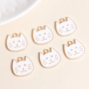 Cute Cartoon Cat Head Alloy Enamel Charm For DIY Jewelry Making Keychain Necklace Bracelet Pendant Accessory White Gold Plated Craft