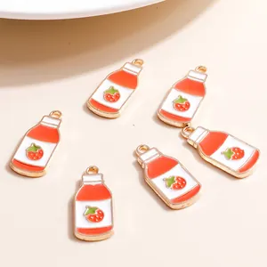 Set of 6 red and white strawberry drink bottle charms in gold alloy for DIY jewelry