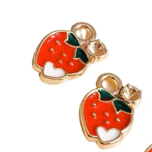 Alloy strawberry charms with red enamel leaf detail and zircon inlay for DIY jewelry