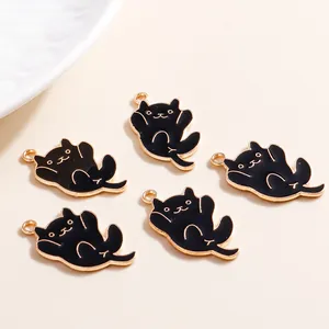 Set of five cute black cat enamel charms with gold edges for DIY jewelry making